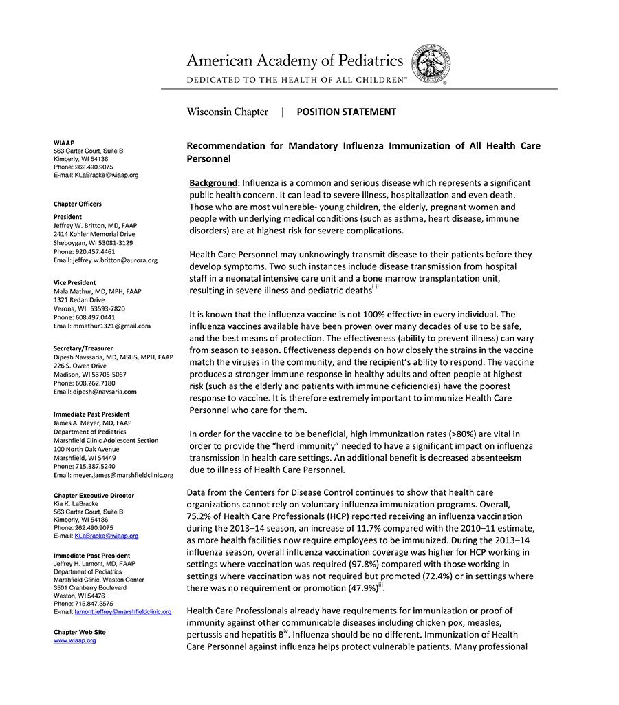 Recommendation for Mandatory Influenza Immunization