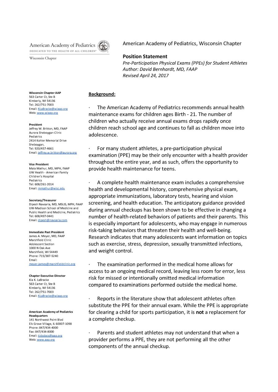 Position Statement:<br> Pre-Participation Physical Exams