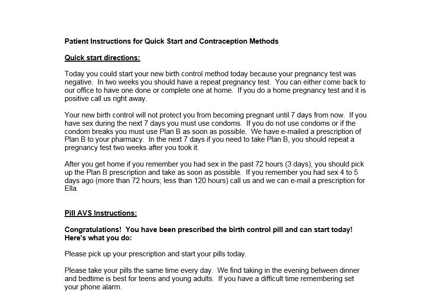 Patient Instructions for Quick Start and Contraception Methods