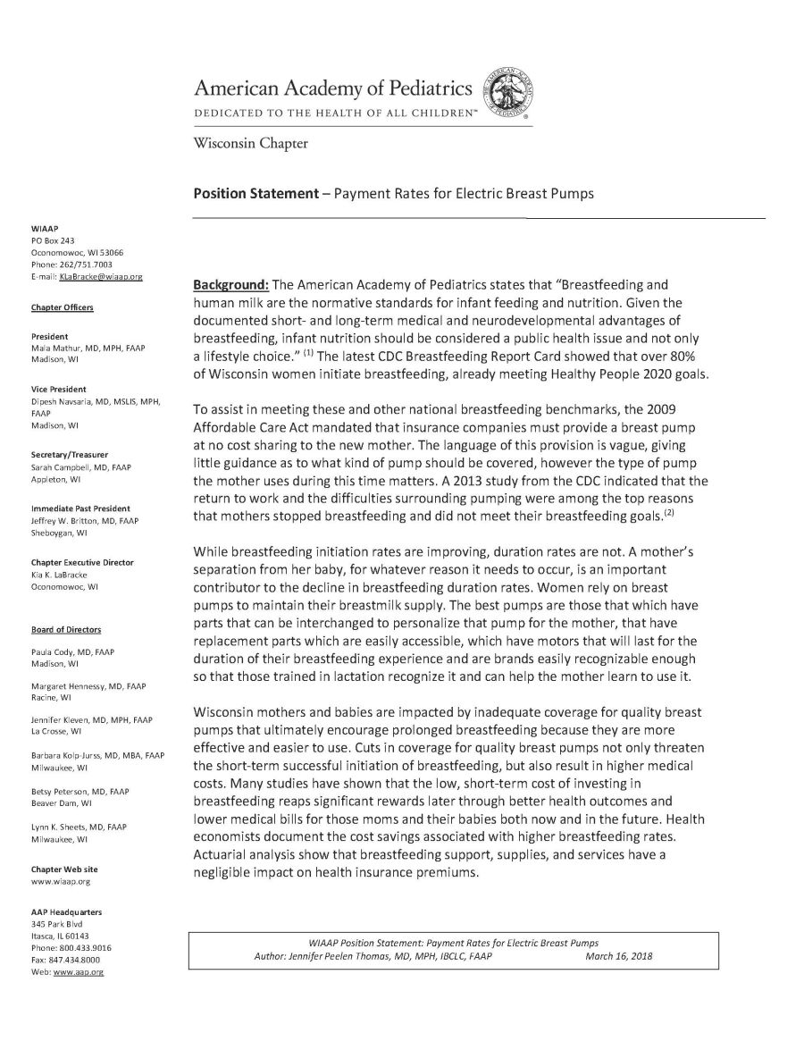 Position Statement:<br> Payment Rates for Electronic Breast Pumps
