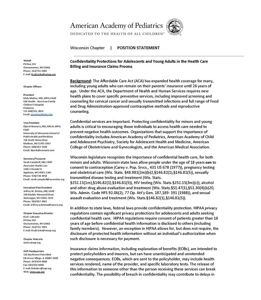Position Statement:<br> Confidentiality for Adolescents in Billing Claims